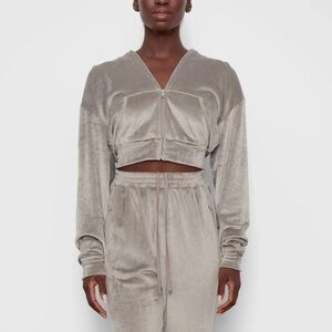 Skims Velour Zip Up Hoodie Sweatshirt - Gunmetal Grey - Size Large